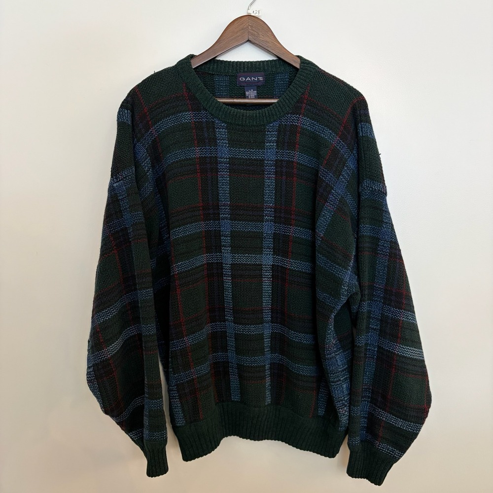 Gant Mens Vintage Plaid Crewneck Sweater Green Blue Cotton Knit Large